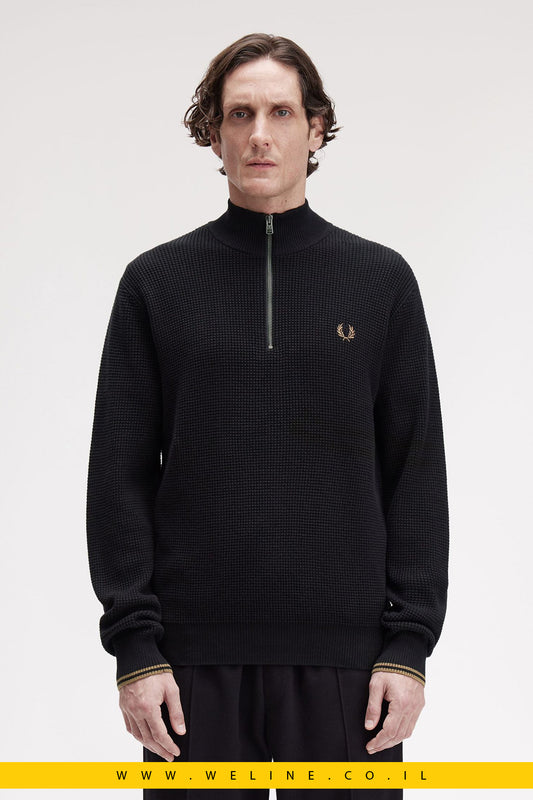 סוודר חצי רוכסן בטקסטורת וופל – Fred Perry Waffle Stitch Half Zip (Black)