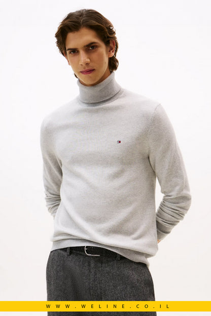 Tommy Hilfiger Pima Cotton Cashmere Herringbone Roll Neck Jumper – סוודר גולף לגברים דוגמת הרינגבון בצבע אפור בהיר