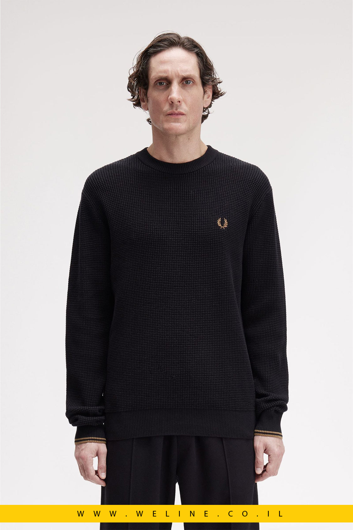 סריג וואפל לגברים – צווארון עגול, שחור