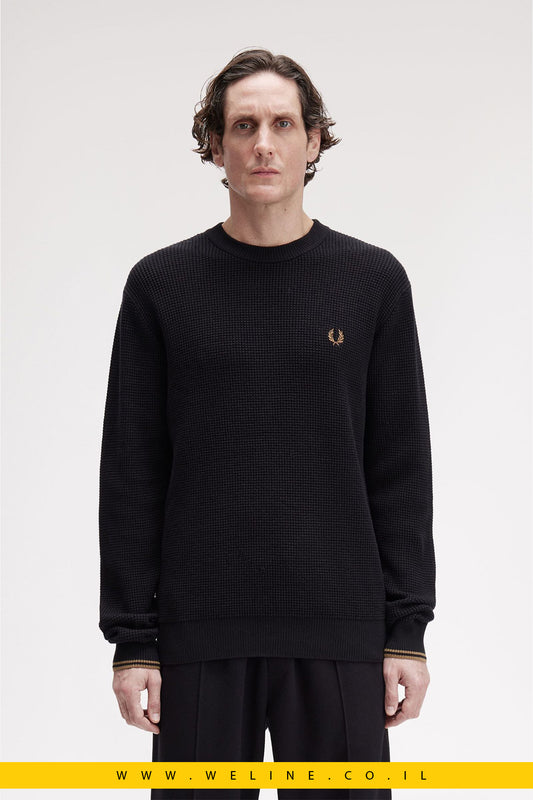 סריג וואפל לגברים – צווארון עגול, שחור