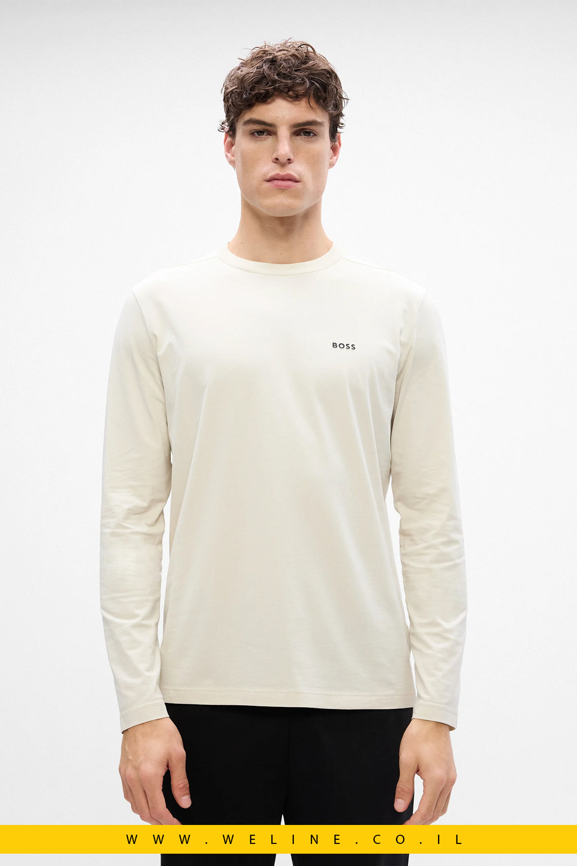 טי־שירט שרוול ארוך מכותנה סטרצ’ עם לוגו קונטרסטי לגברים מבית BOSS