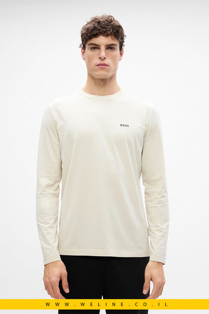 טי־שירט שרוול ארוך מכותנה סטרצ’ עם לוגו קונטרסטי לגברים מבית BOSS