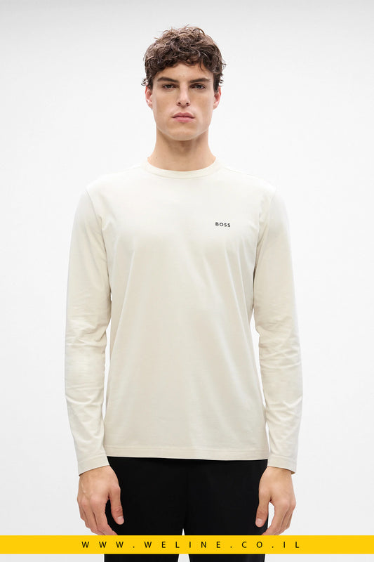 טי־שירט שרוול ארוך מכותנה סטרצ’ עם לוגו קונטרסטי לגברים מבית BOSS