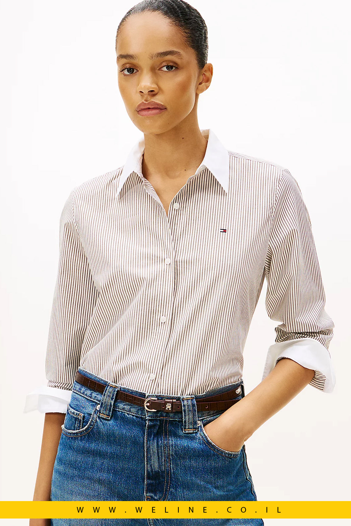 חולצת פופלין קלאסית בגזרה רגילה – פסים חום | Tommy Hilfiger