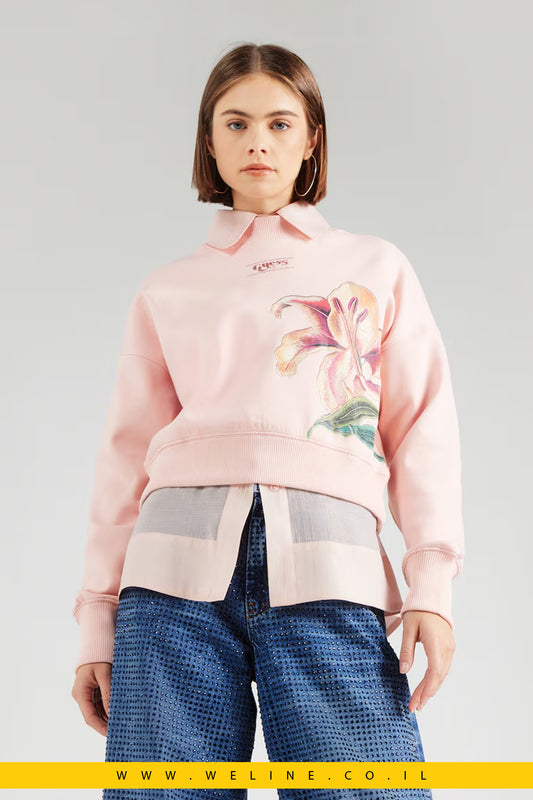 סווטשירט נשים Guess עם פרח Lilly – ורוד בהיר Loose Fit