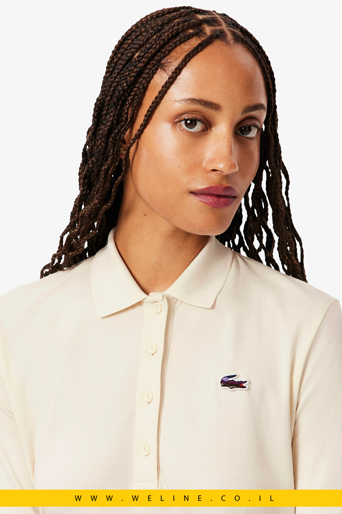 פולו לנשים Lacoste עם קרוקודיל נוף – לבן שבור