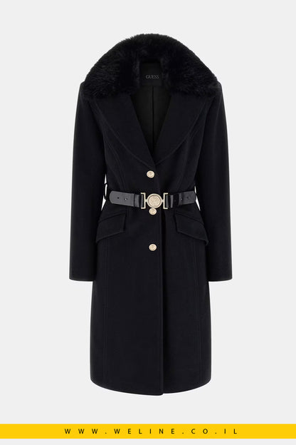 מעיל מידי דו־שכבתי עם חגורה ושיער סינתטי – Wool-Blend Belted Coat שחור