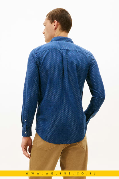 Tommy Hilfiger Flex Poplin Print Shirt לגברים – חולצה מכופתרת Slim Fit בצבע AEGEAN SEA