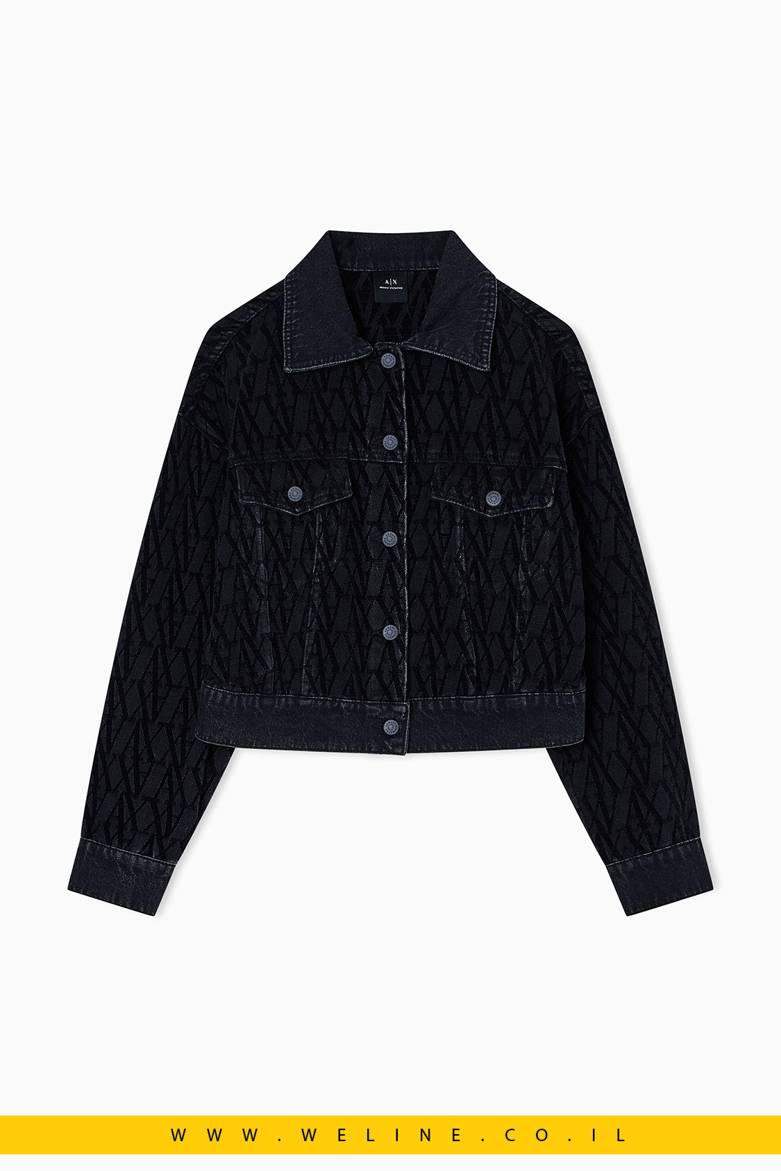 ג'קט ג'ינס armani-exchange שחור עם הדפס מונוגרמה All-Over – לוק אורבני מודרני בגזרה משוחררת