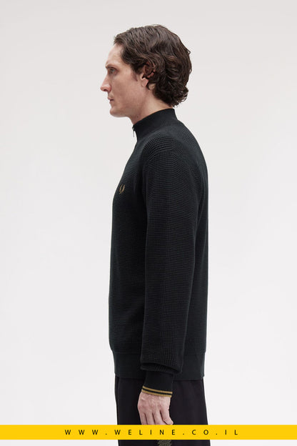 סוודר חצי רוכסן בטקסטורת וופל – Fred Perry Waffle Stitch Half Zip (Black)
