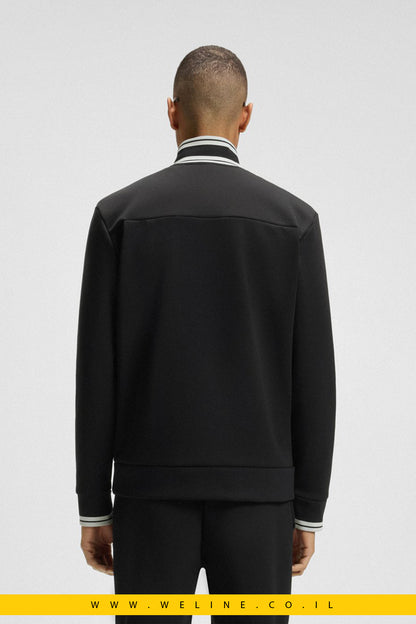 סווטשירט רוכסן מכותנה משולבת עם פסי פסים – BOSS (שחור)