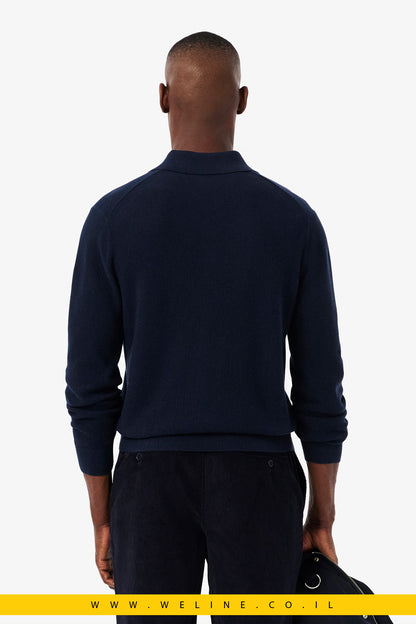 סוודר פולו חצי רוכסן מתערובת כותנה וצמר לגברים
