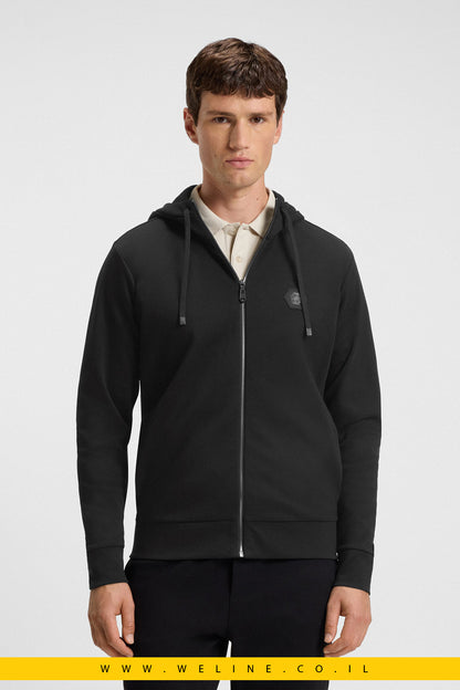 קפוצ'ון רוכסן מבד כותנה משולב עם מונוגרמת Double B – שחור | BOSS