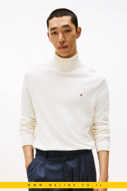 Tommy Hilfiger Cotton Cashmere Roll Neck Jumper – סוודר גולף לגברים כותנה קשמיר בצבע אייבורי