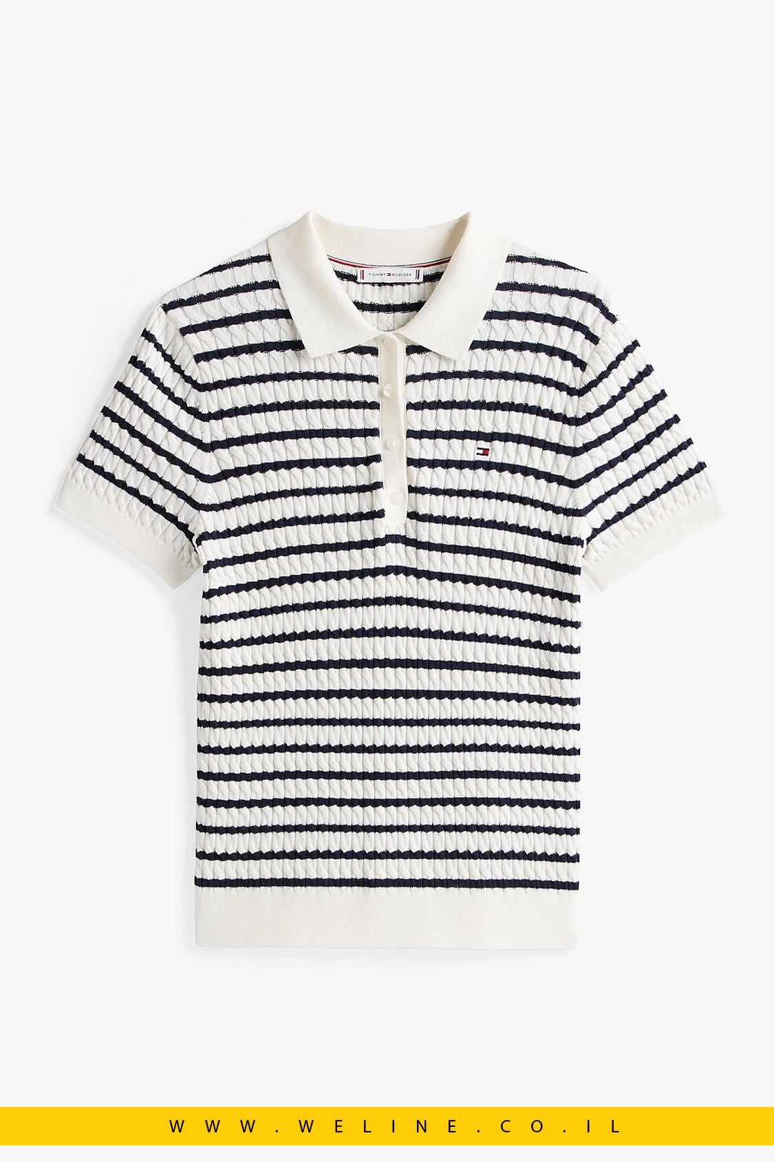 סוודר פולו קצר שרוול בסריג כבלים Tommy Hilfiger
