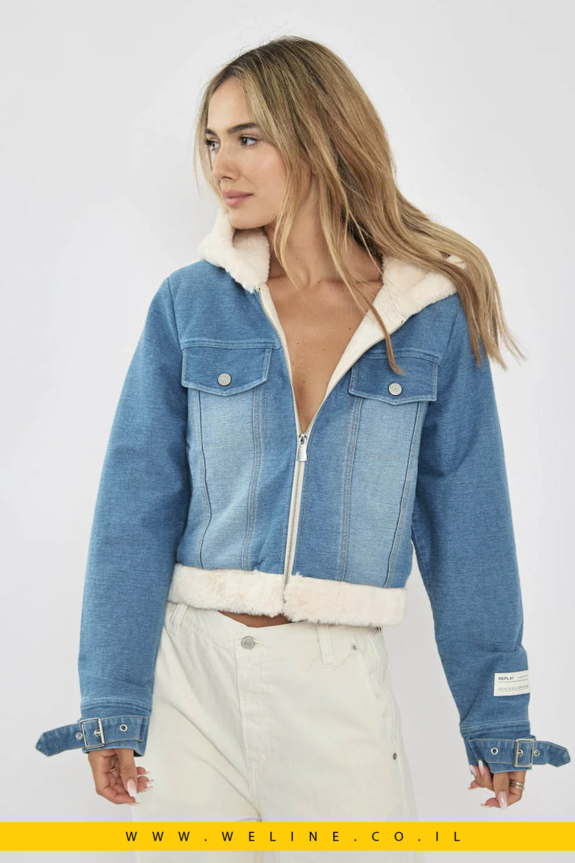 ג'קט גינס קצר לנשים בצבע קרם