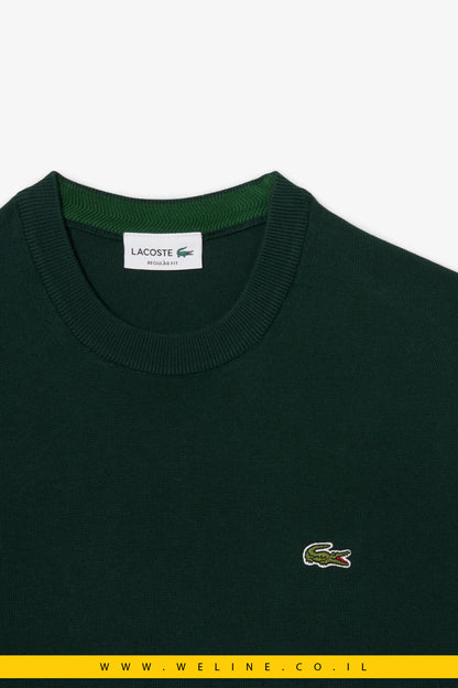 סוודר ירוק כותנה חלק עם צווארון עגול lacoste