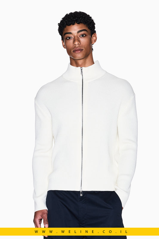 קרדיגן גברים Armani Exchange – סריג ריב לבן עם רוכסן מלא וצווארון גבוה