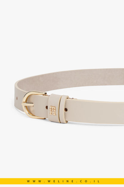 חגורת עור Tommy Hilfiger Essential TH Monogram Leather Belt – צבע בז’ קלאסי