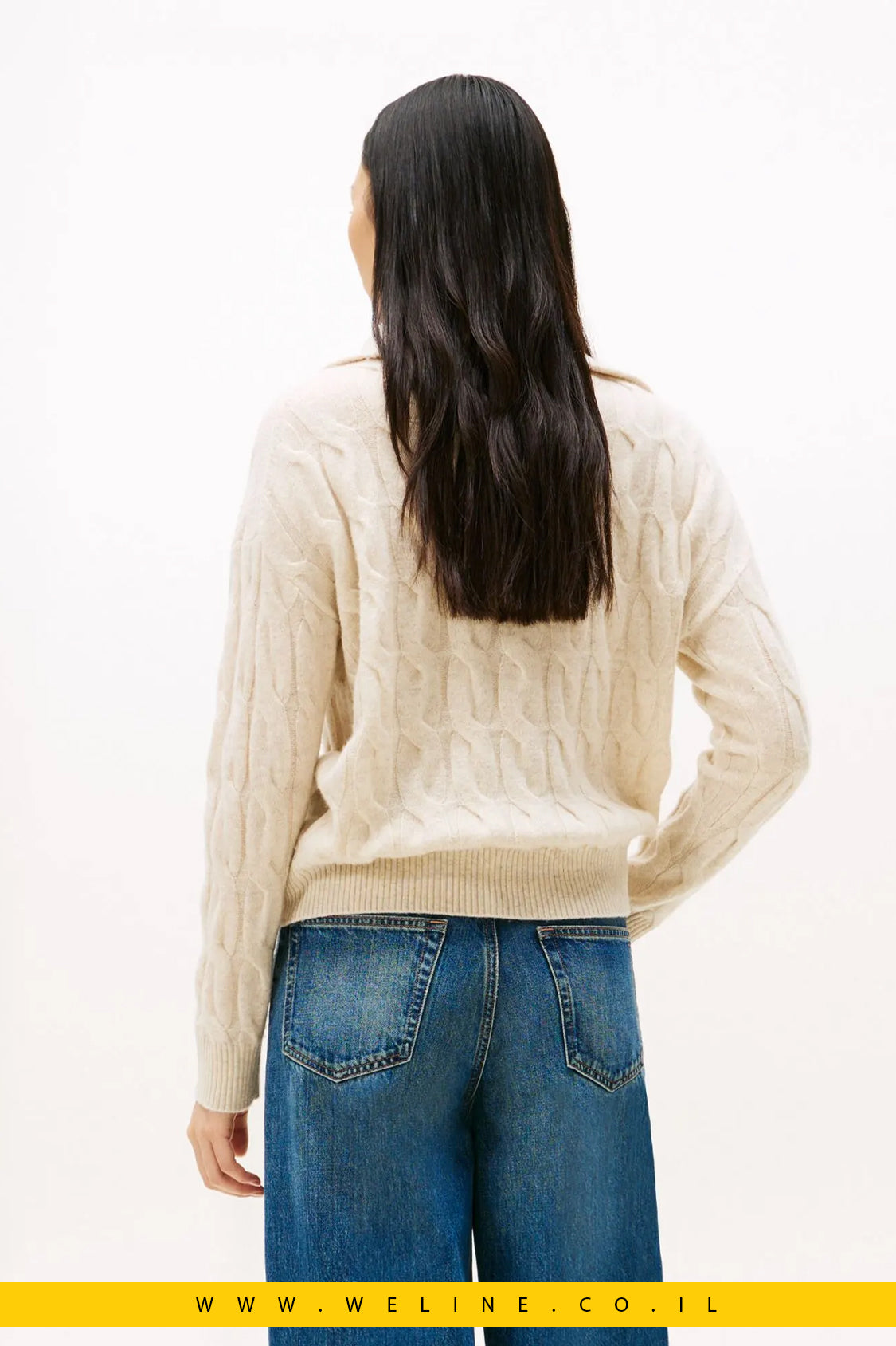 סוודר נשים Tommy Hilfiger חצי רוכסן מצמר טהור – HALF-ZIP CABLE KNIT