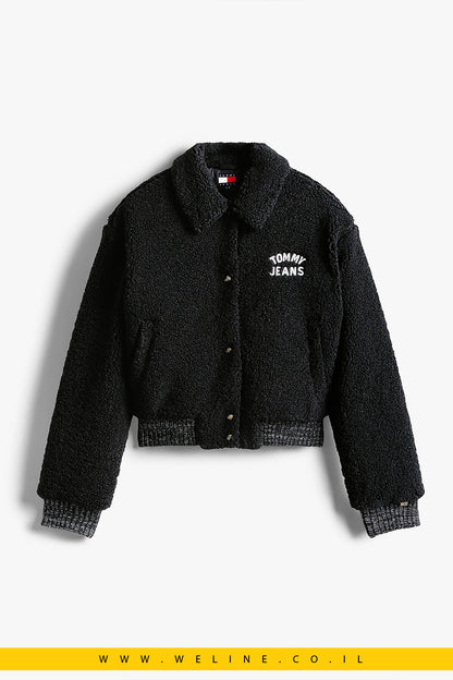 מעיל בומבר נשים Tommy Jeans Varsity Teddy – לוגו גב, גזרת Relaxed