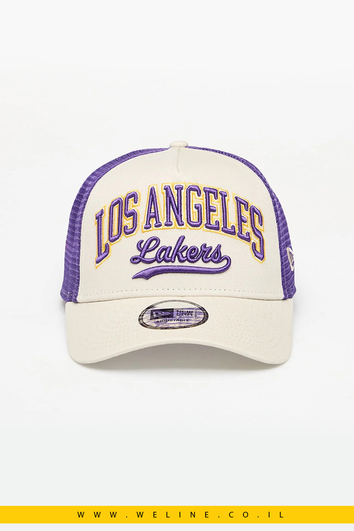 כובע רשת New Era Los Angeles Lakers NBA Script 9FORTY E-Frame Trucker – קרם/בז׳ | Snapback מתכוונן