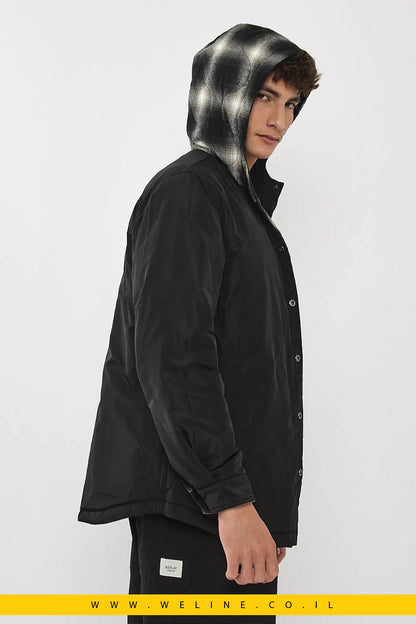 ג'קט דו-צדדית לגברים משובצת בצבע שחור ולבן עם קפוצ'ון