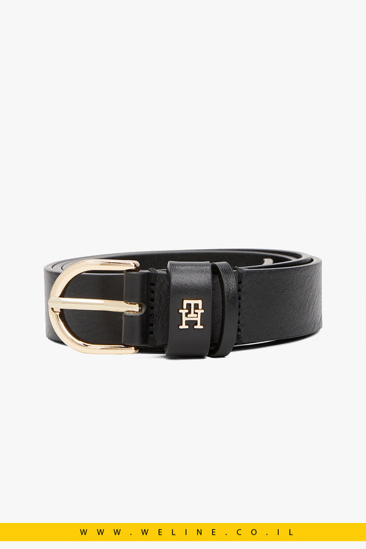 חגורת עור Tommy Hilfiger Essential TH Monogram Leather Belt – צבע שחור קלאסי