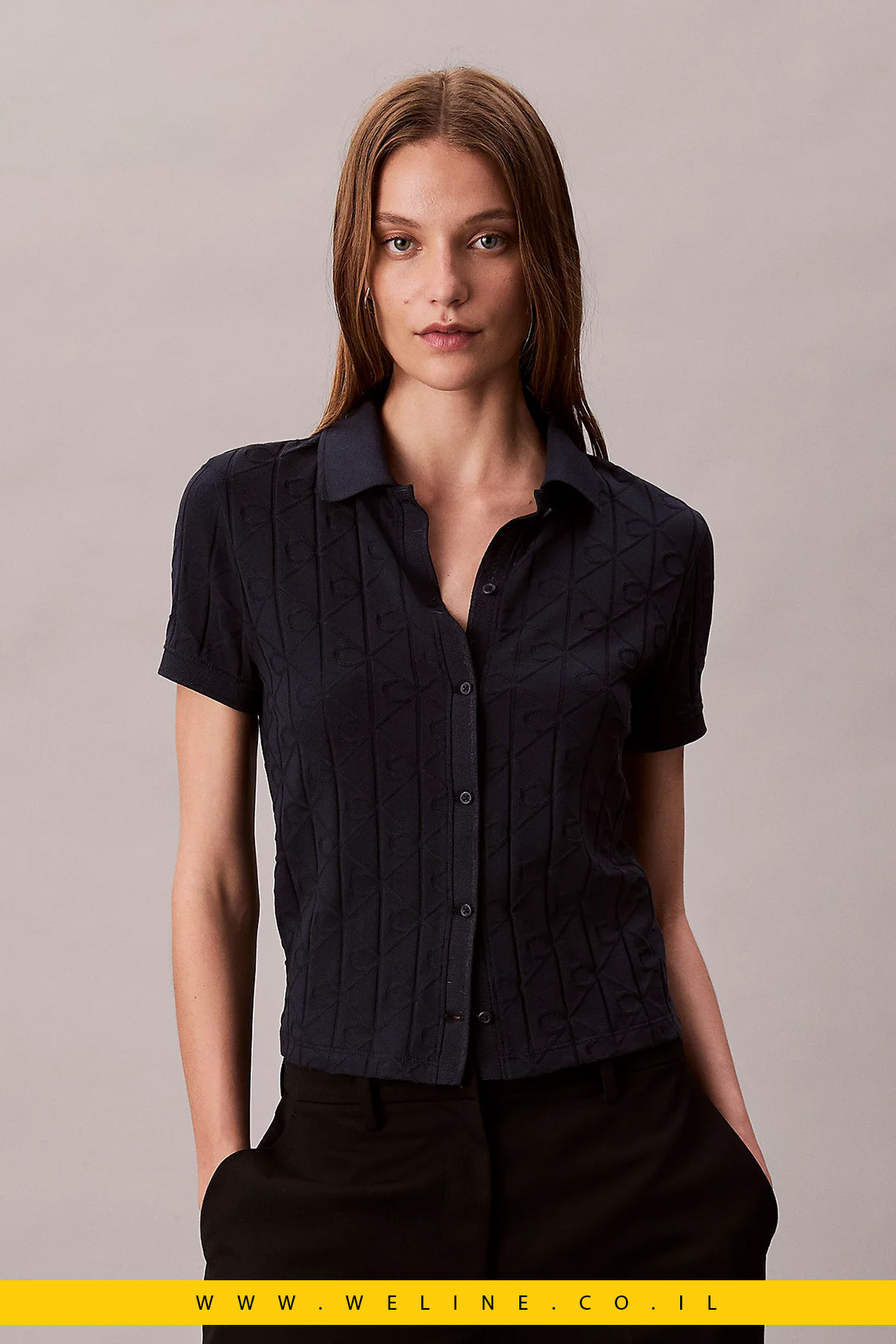 חולצת פולו נשים Calvin Klein Monogram Jacquard – כחול Dark Sapphire