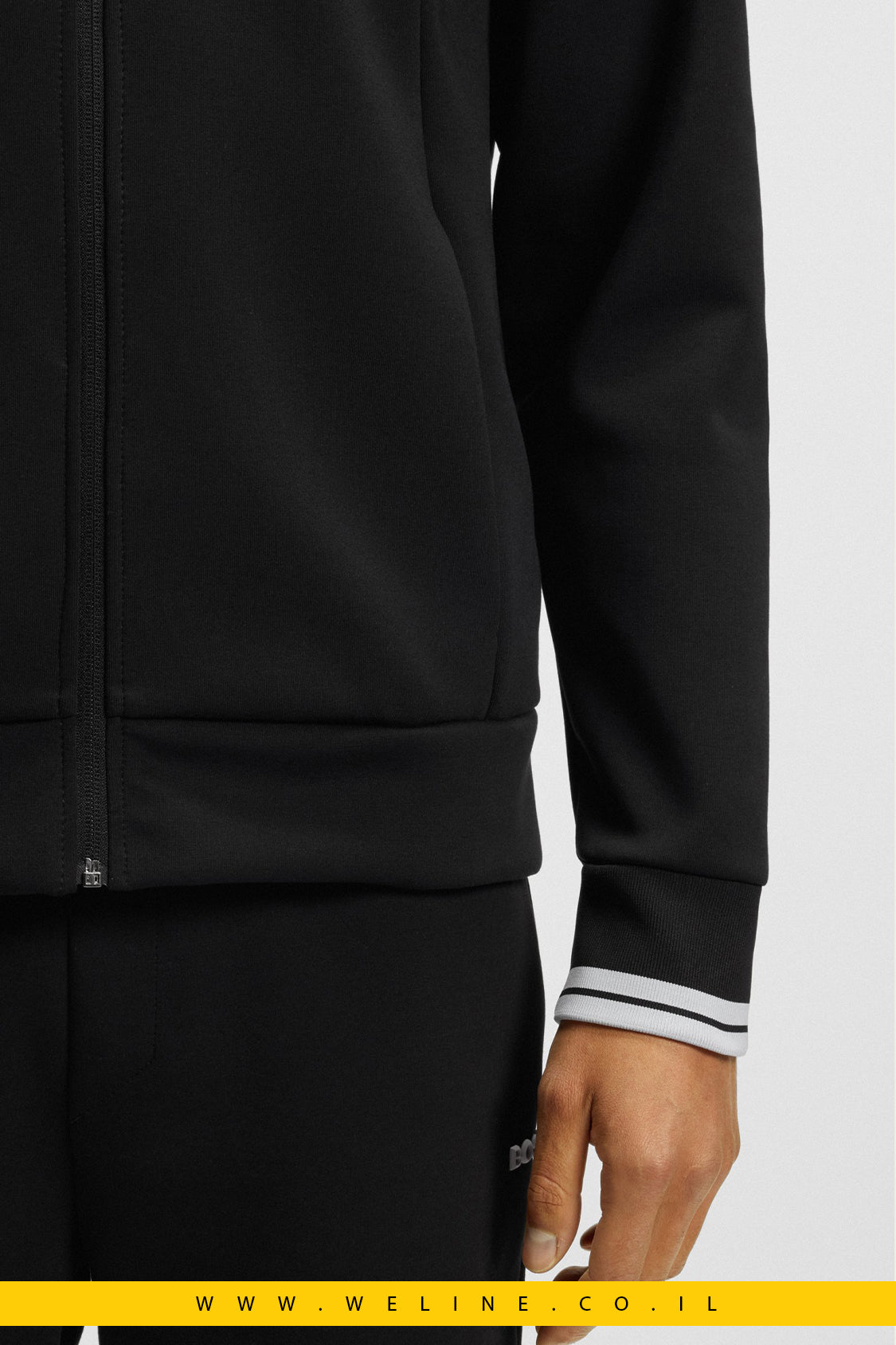 סווטשירט רוכסן מכותנה משולבת עם פסי פסים – BOSS (שחור)