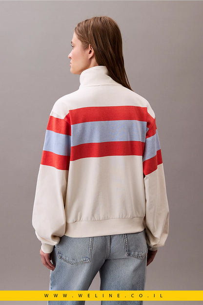 סווטשירט נשים Calvin Klein Rugby Stripe עם רוכסן 1/4