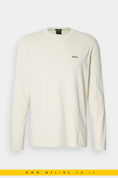 טי־שירט שרוול ארוך מכותנה סטרצ’ עם לוגו קונטרסטי לגברים מבית BOSS