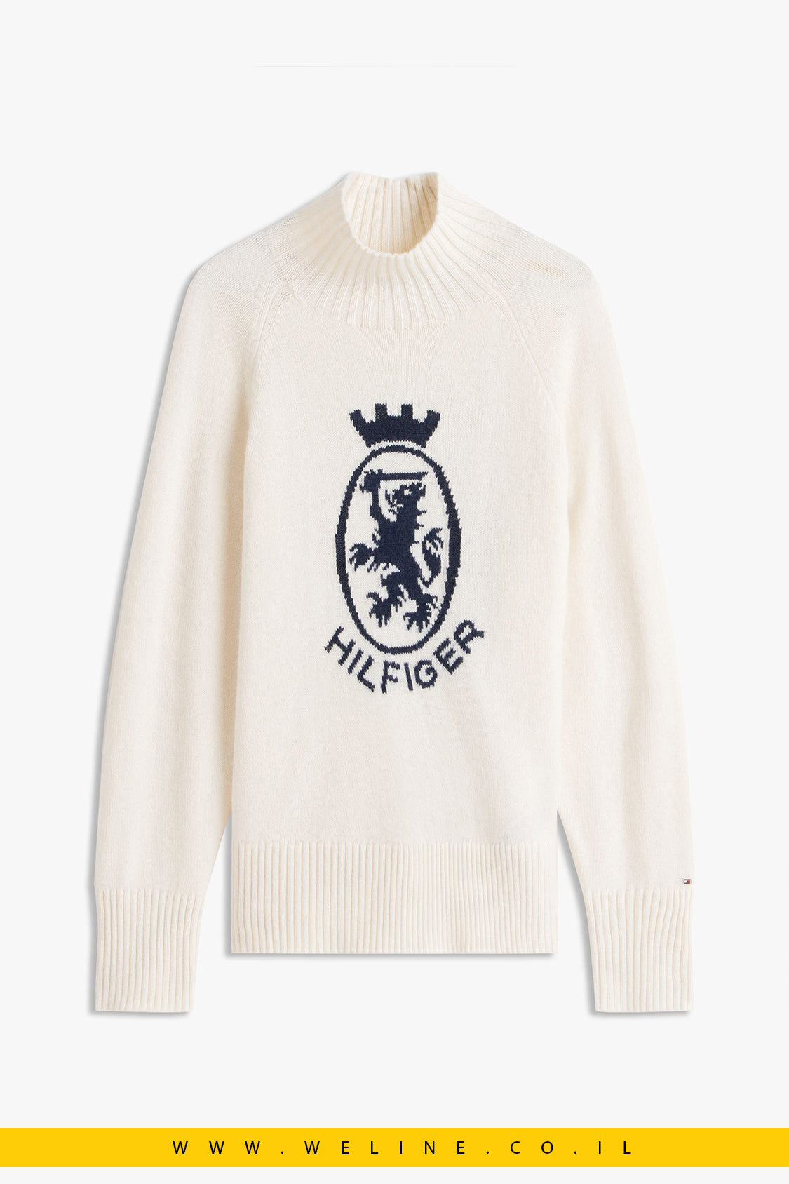 סוודר נשים Tommy Hilfiger – צמר טבעי עם צווארון Mock Neck ודוגמת Crest