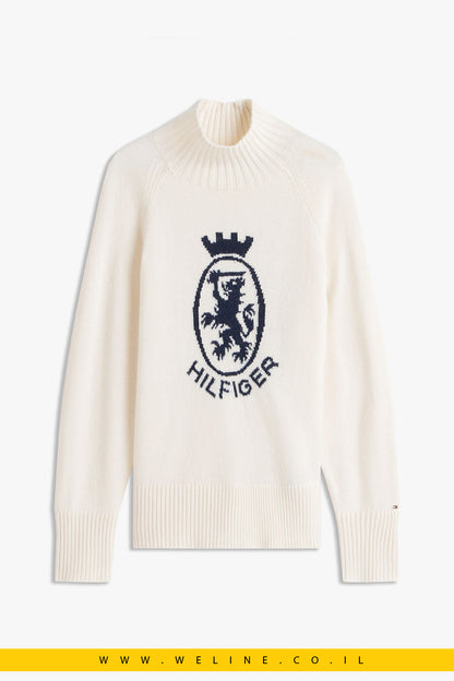 סוודר נשים Tommy Hilfiger – צמר טבעי עם צווארון Mock Neck ודוגמת Crest