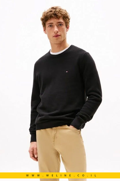 סוודר סריג גברים Tommy Hilfiger – טקסטורה מיוחדת, שחור Regular Fit