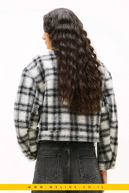 ג׳קט טרקר לנשים Tommy Jeans מצמר משולב שחור לבן עם לוגו – משבצות שחור