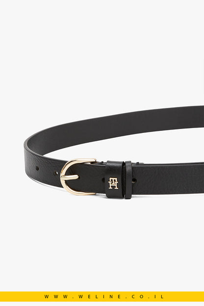 חגורת עור Tommy Hilfiger Essential TH Monogram Leather Belt – צבע שחור קלאסי