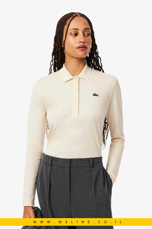 פולו לנשים Lacoste עם קרוקודיל נוף – לבן שבור