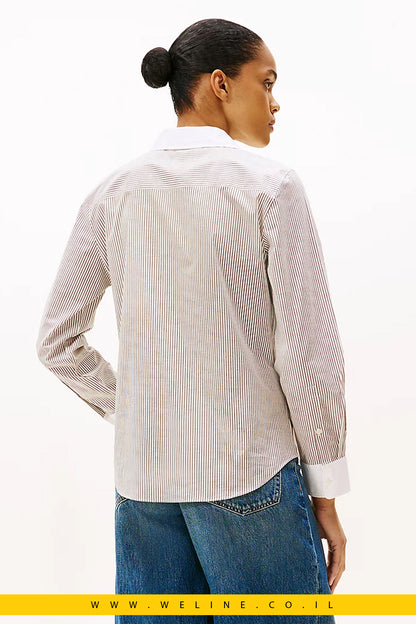 חולצת פופלין קלאסית בגזרה רגילה – פסים חום | Tommy Hilfiger