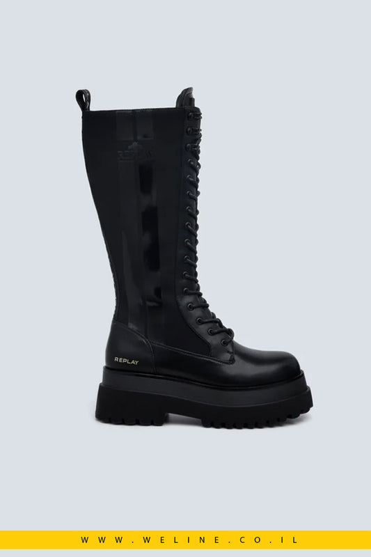 REPLAY מגפיים גבוהים עם שרוכים בצבע שחור