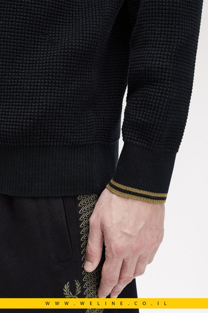 סוודר חצי רוכסן בטקסטורת וופל – Fred Perry Waffle Stitch Half Zip (Black)