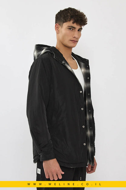 ג'קט דו-צדדית לגברים משובצת בצבע שחור ולבן עם קפוצ'ון