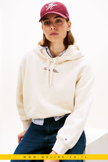 קפוצ'ון נשים Tommy Hilfiger – דגם Textured Logo בגזרת Relaxed בצבע Oatmilk