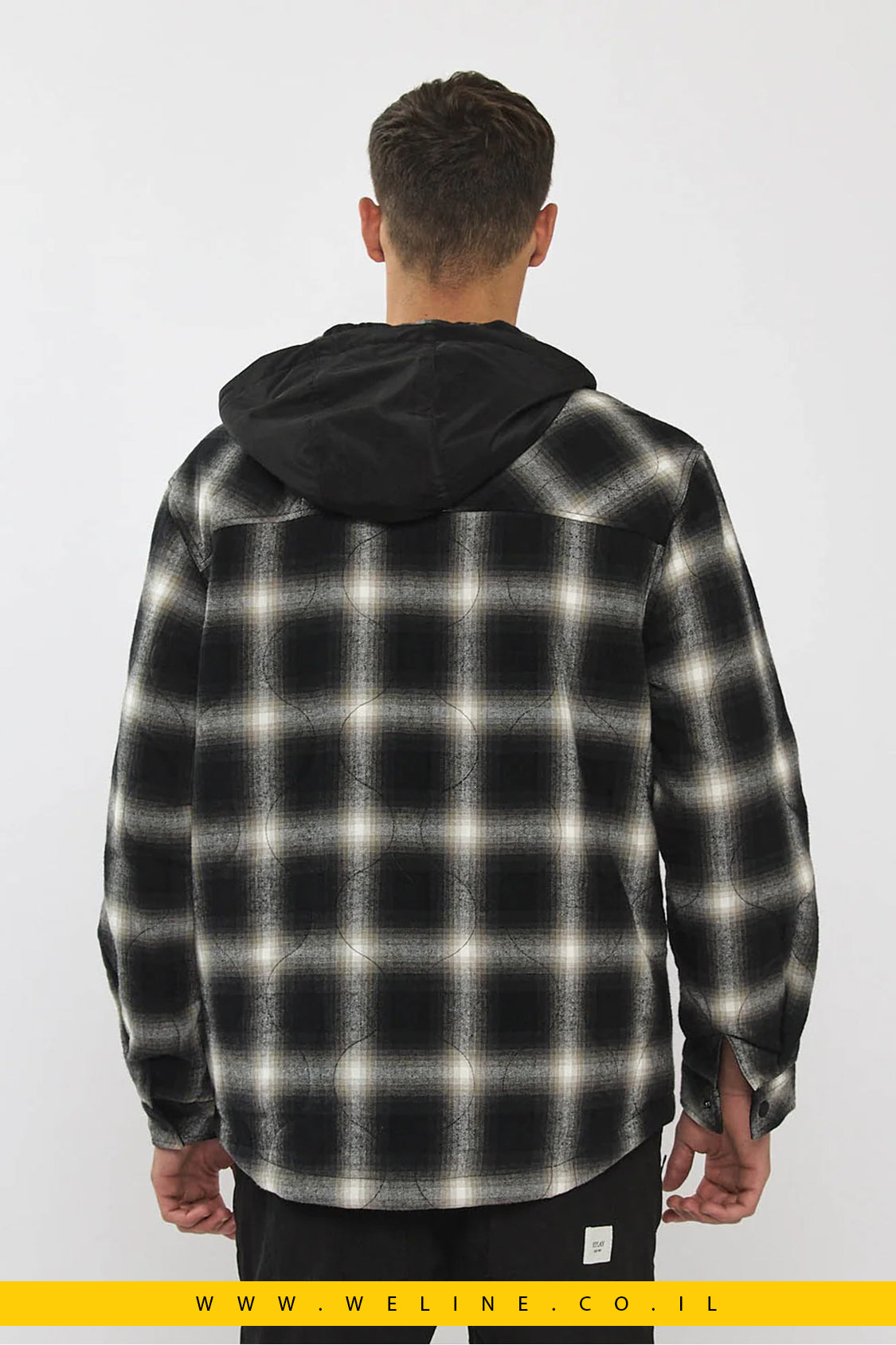 ג'קט דו-צדדית לגברים משובצת בצבע שחור ולבן עם קפוצ'ון