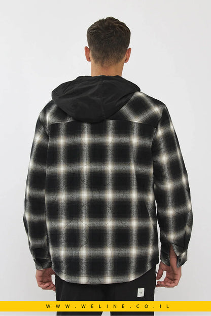 ג'קט דו-צדדית לגברים משובצת בצבע שחור ולבן עם קפוצ'ון