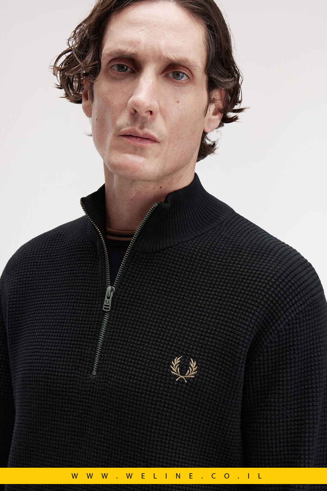 סוודר חצי רוכסן בטקסטורת וופל – Fred Perry Waffle Stitch Half Zip (Black)