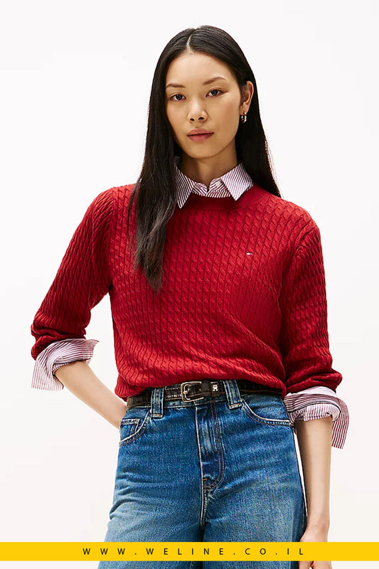 סוודר נשים Tommy Hilfiger – סריג Cable Knit קלאסי בצבע אדום Regatta