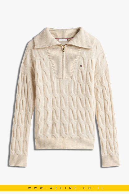 סוודר נשים Tommy Hilfiger חצי רוכסן מצמר טהור – HALF-ZIP CABLE KNIT