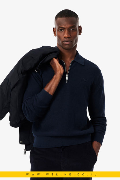 סוודר פולו חצי רוכסן מתערובת כותנה וצמר לגברים