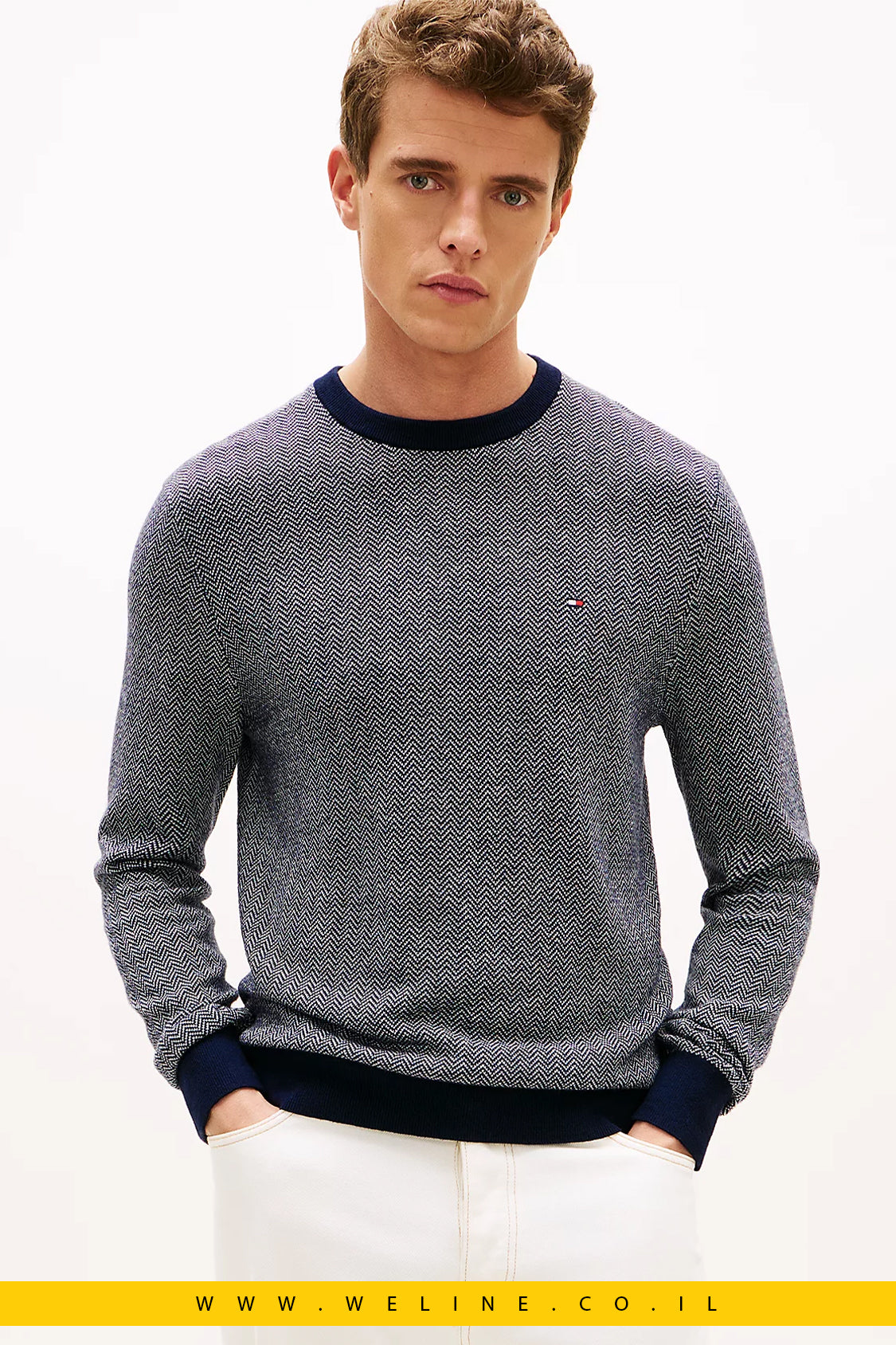 סוודר יוקרתי לגברים Tommy Hilfiger – סריג Herringbone עם קשמיר